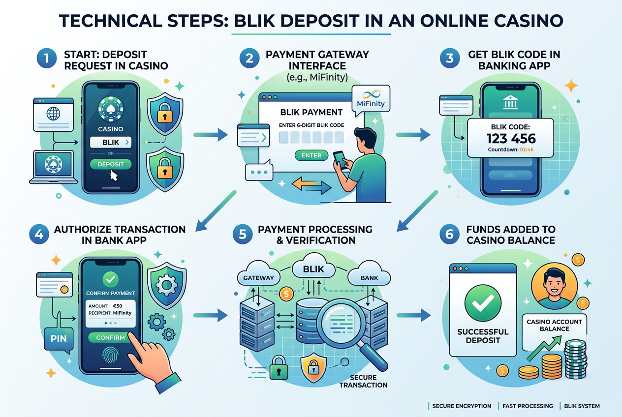 Infografika przedstawiająca techniczne kroki depozytu BLIK przez bramkę płatniczą w kasynie online