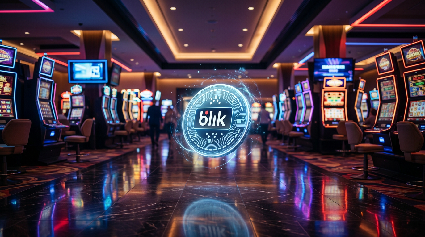 Neon casino interior with digital BLIK coin representing low deposit payments.