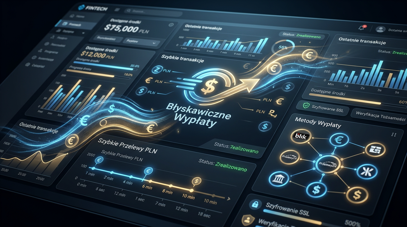 Wizualizacja szybkich płatności cyfrowych i technologii fintech w kasynie online.