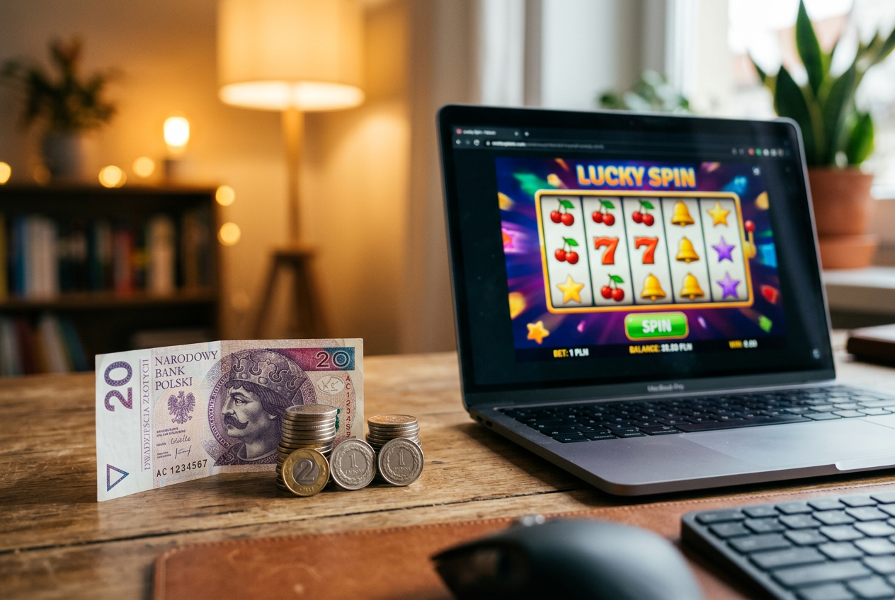 Monety polskie 20 PLN obok laptopa z grami typu slot, koncept niskiego budżetu w kasynie