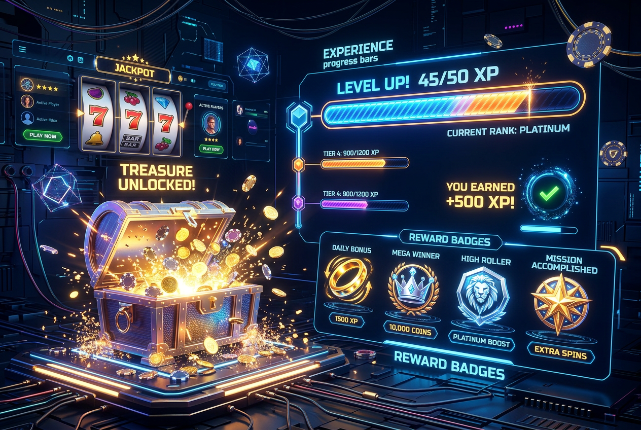 Wizualizacja nowoczesnego interfejsu kasyna z elementami gamifikacji i nagrodami