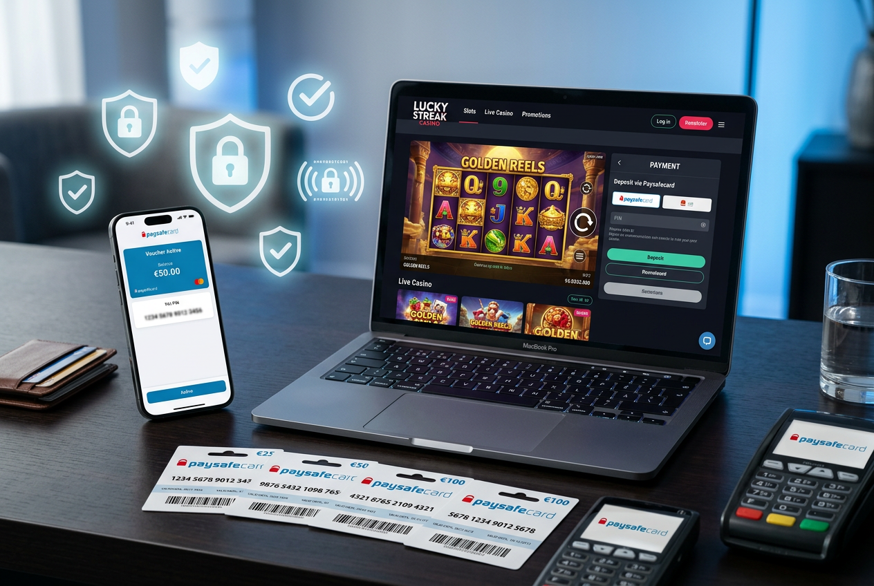 Kolekcja kart Paysafecard fizycznych i cyfrowych na tle nowoczesnego interfejsu kasyna online