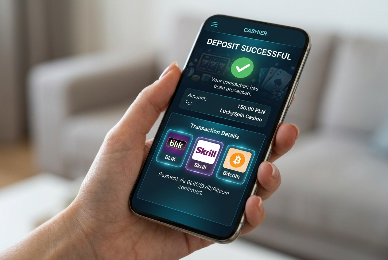 Nowoczesny interfejs kasjera w kasynie mobilnym z ikonami BLIK i Skrill